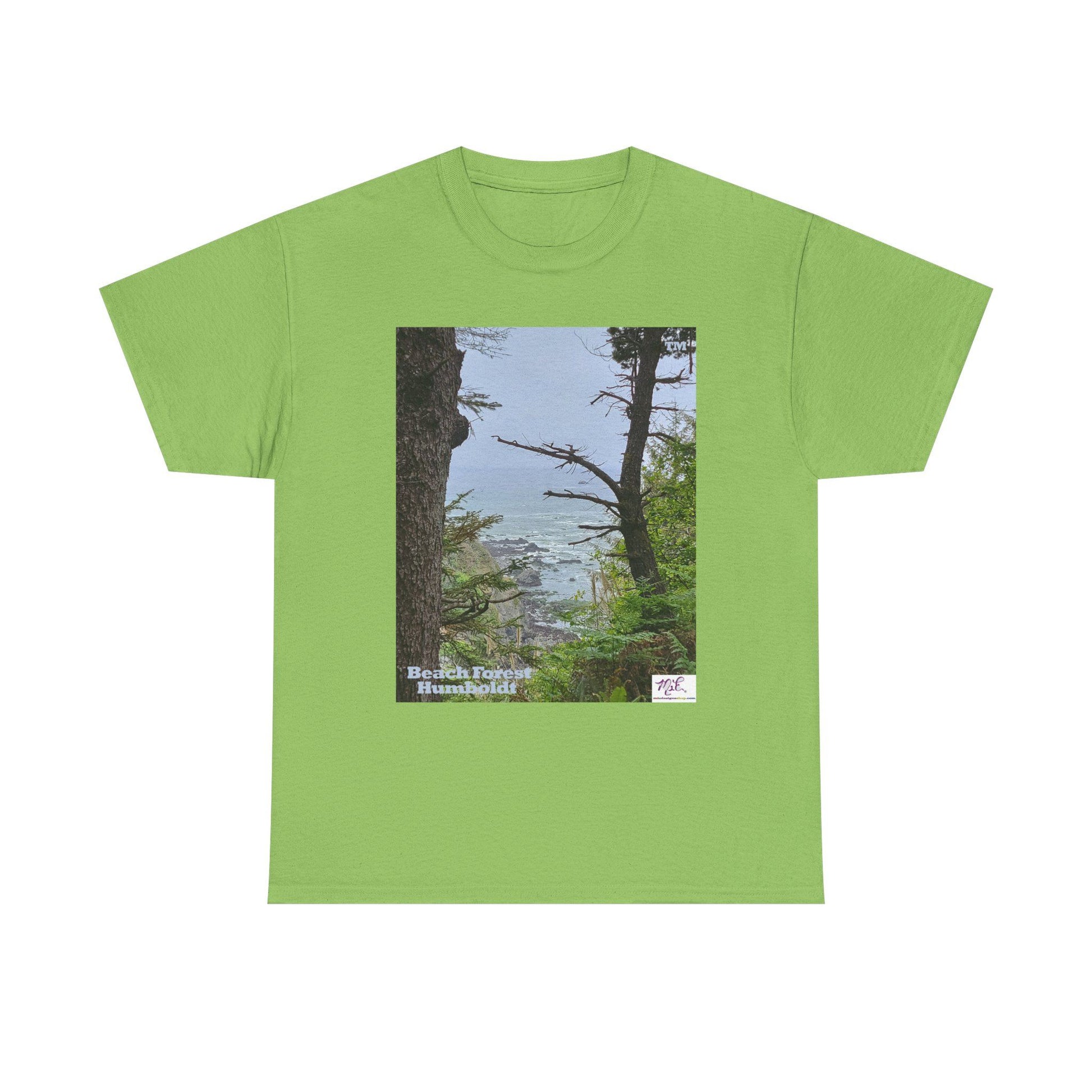 Unisex_Heavy_Cotton_Tee_-_Beach_Forest_Humboldt_-_Lime_- MiE Designs Shop. Sitka Spuce flank a trailhead leading down to rocky coastline below. Large Sizes