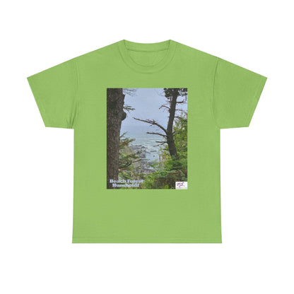 Unisex_Heavy_Cotton_Tee_-_Beach_Forest_Humboldt_-_Lime_- MiE Designs Shop. Sitka Spuce flank a trailhead leading down to rocky coastline below. Large Sizes