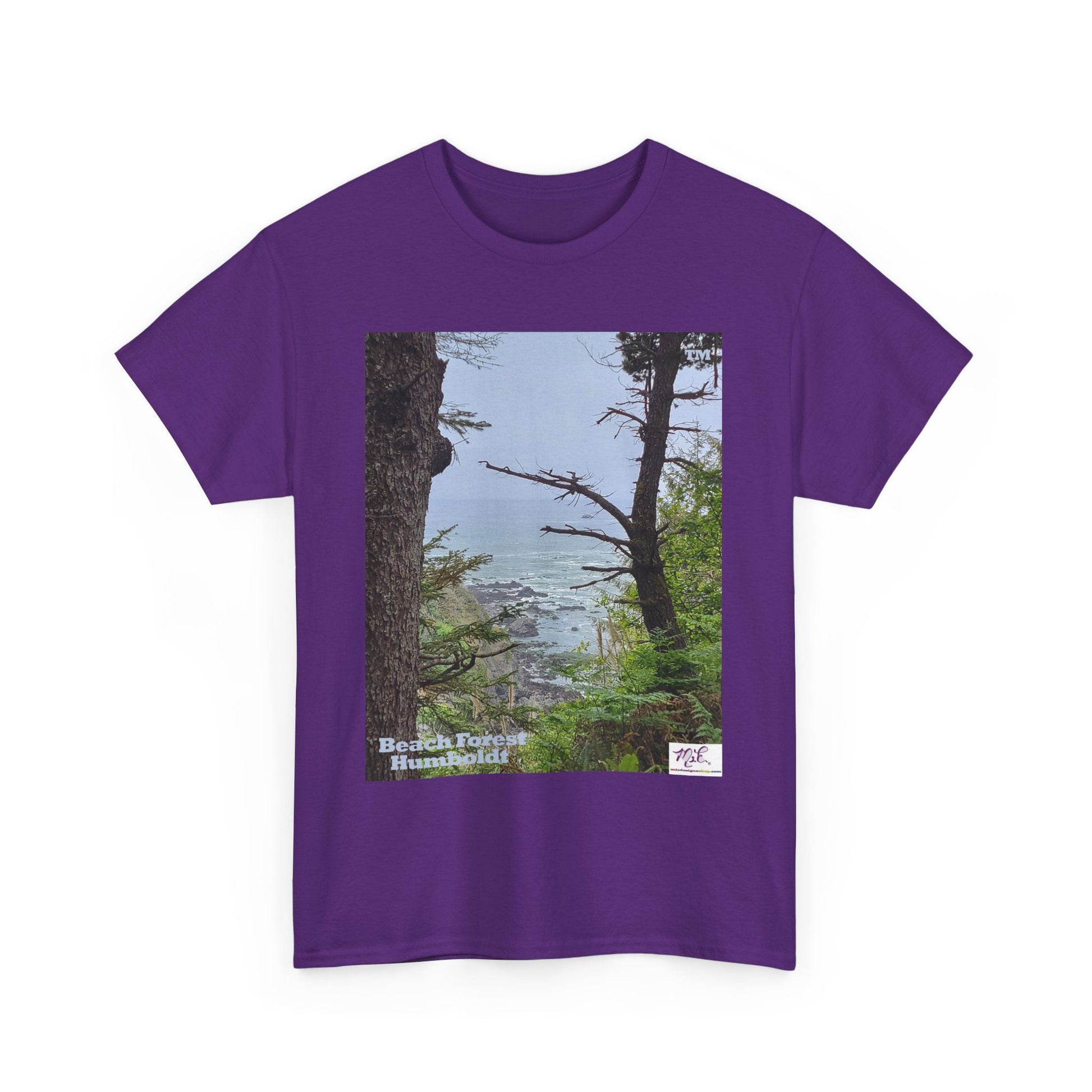 Unisex_Heavy_Cotton_Tee_-_Beach_Forest_Humboldt_-Purple - MiE Designs Shop. Sitka Spuce flank a trailhead leading down to rocky coastline below. Small Sizes