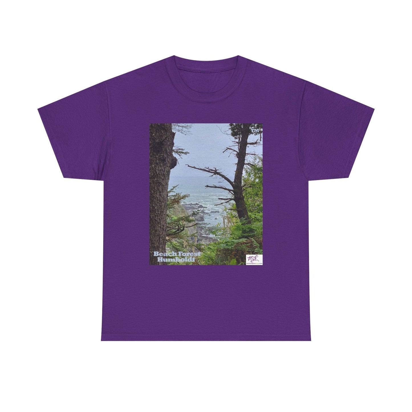 Unisex_Heavy_Cotton_Tee_-_Beach_Forest_Humboldt_-Purple - MiE Designs Shop. Sitka Spuce flank a trailhead leading down to rocky coastline below. Large Sizes