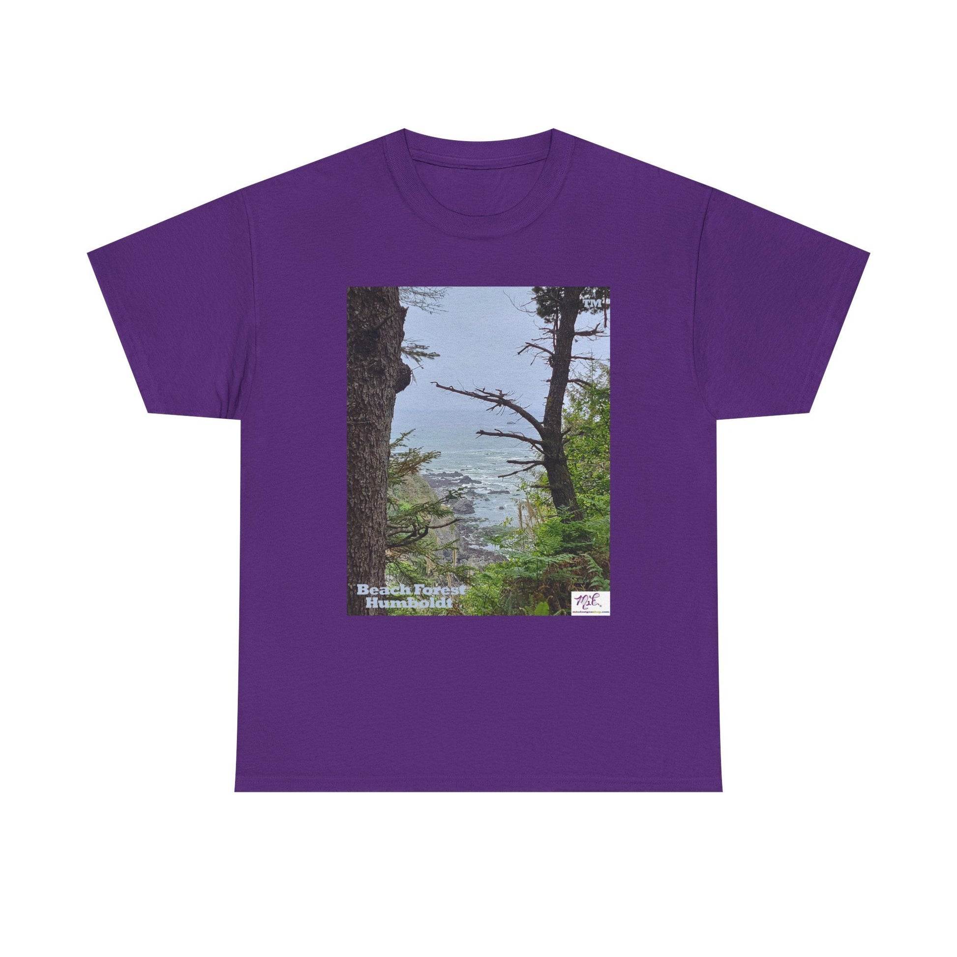 Unisex_Heavy_Cotton_Tee_-_Beach_Forest_Humboldt_-Purple - MiE Designs Shop. Sitka Spuce flank a trailhead leading down to rocky coastline below. Large Sizes