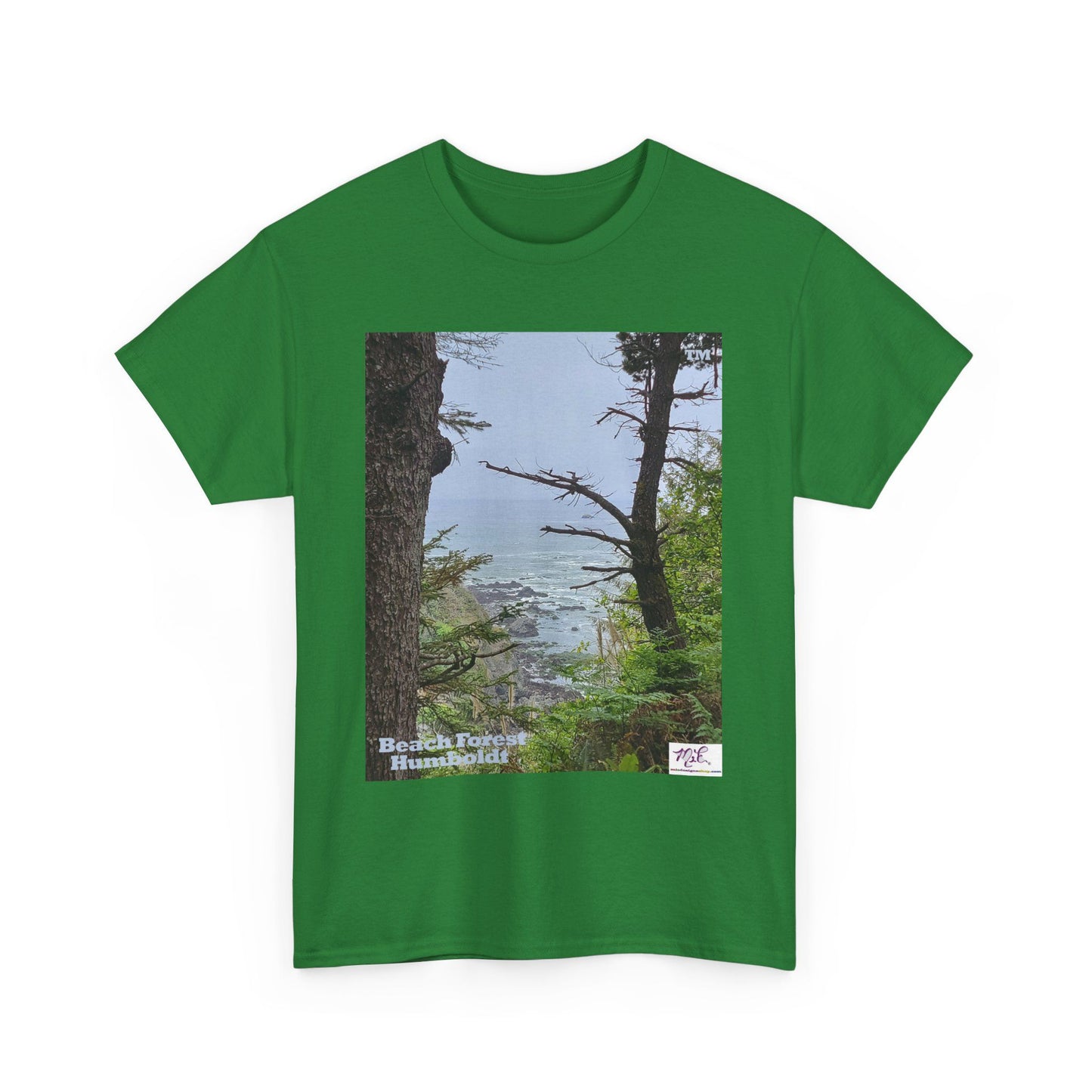 Unisex_Heavy_Cotton_Tee_-_Beach_Forest_Humboldt_-_Turf_- MiE Designs Shop. Sitka Spuce flank a trailhead leading down to rocky coastline below. Small Sizes