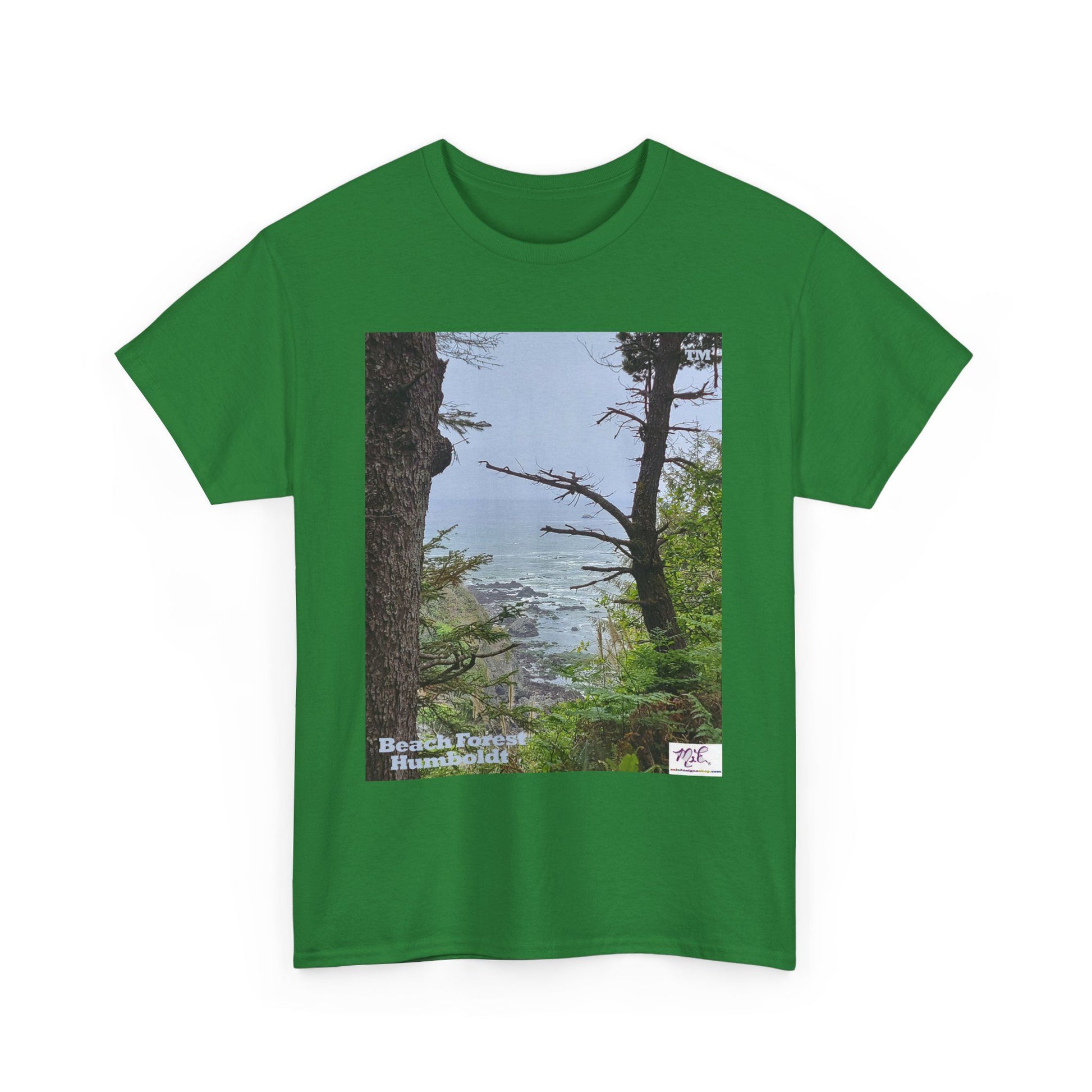 Unisex_Heavy_Cotton_Tee_-_Beach_Forest_Humboldt_-_Turf_- MiE Designs Shop. Sitka Spuce flank a trailhead leading down to rocky coastline below. Small Sizes