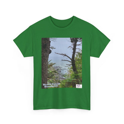 Unisex_Heavy_Cotton_Tee_-_Beach_Forest_Humboldt_-_Turf_- MiE Designs Shop. Sitka Spuce flank a trailhead leading down to rocky coastline below. Small Sizes