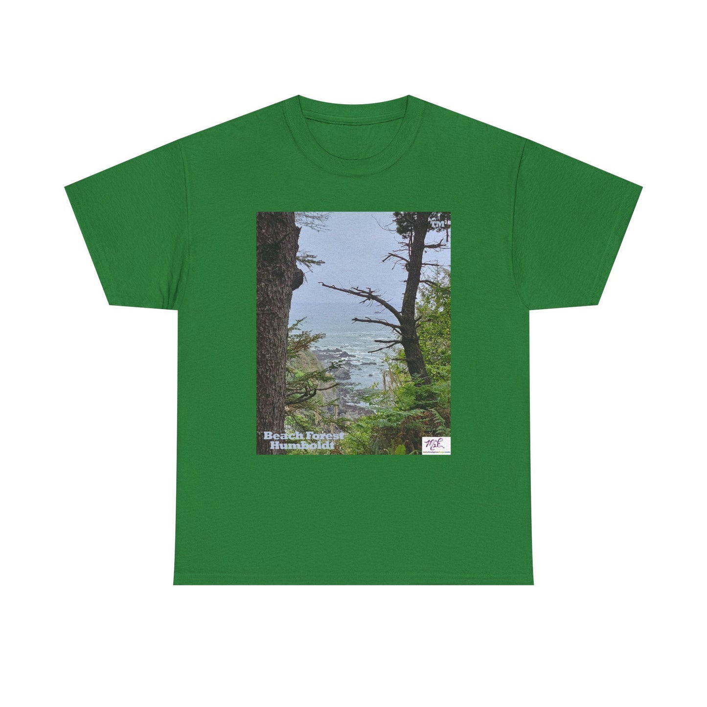 Unisex_Heavy_Cotton_Tee_-_Beach_Forest_Humboldt_-_Turf_- MiE Designs Shop. Sitka Spuce flank a trailhead leading down to rocky coastline below. Large Sizes