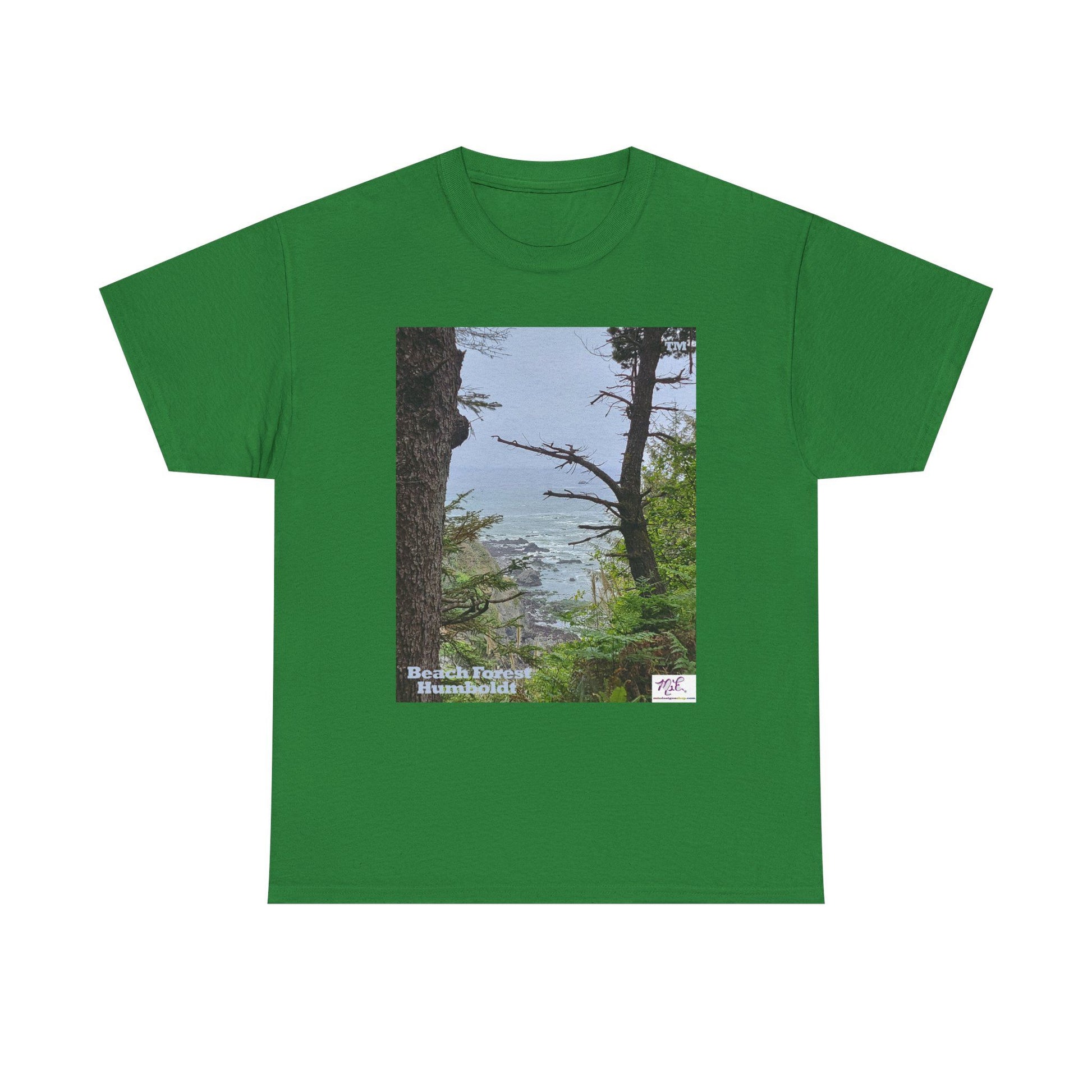 Unisex_Heavy_Cotton_Tee_-_Beach_Forest_Humboldt_-_Turf_- MiE Designs Shop. Sitka Spuce flank a trailhead leading down to rocky coastline below. Large Sizes
