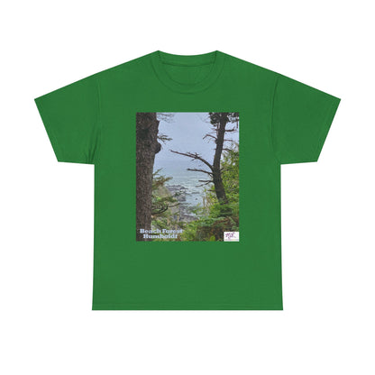 Unisex_Heavy_Cotton_Tee_-_Beach_Forest_Humboldt_-_Turf_- MiE Designs Shop. Sitka Spuce flank a trailhead leading down to rocky coastline below. Large Sizes