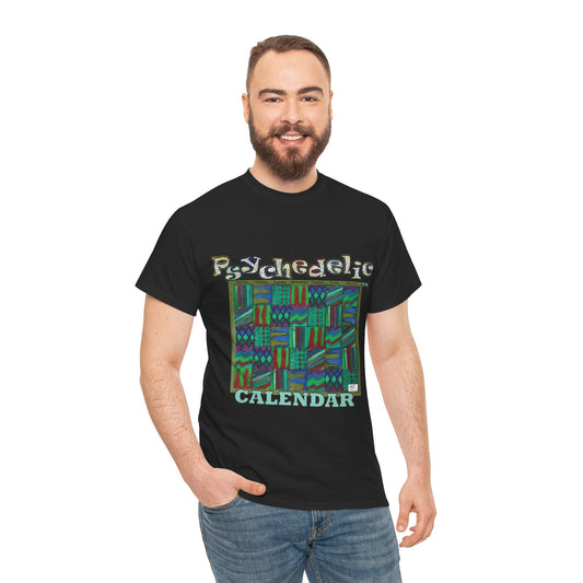 Unisex Heavy Cotton Tee - Psychedelic Calendar tm -Chilled tm - MiE Designs Shop miedesignsshop.com Moodiest patterned mosaic calendar. Model wears design on black T-shirt.