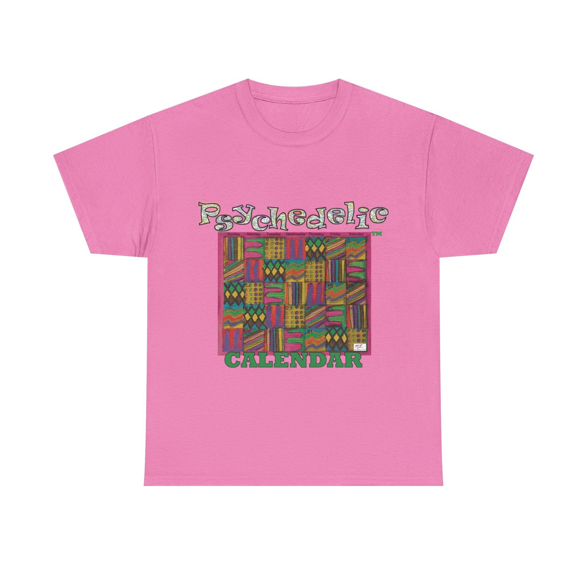 Unisex Heavy Cotton Tee - Psychedelic Calendar tm -Garden tm - MiE Designs Shop miedesignsshop.com Warmest patterned mosaic calendar. Flaat azalea pink T-shirt, sizes 2XL-5XL