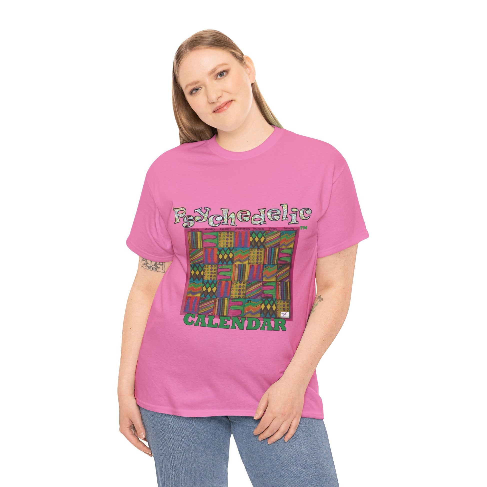 Unisex Heavy Cotton Tee - Psychedelic Calendar tm -Garden tm - MiE Designs Shop miedesignsshop.com Warmest patterned mosaic calendar. Model wears design on azalea pink T-shirt.