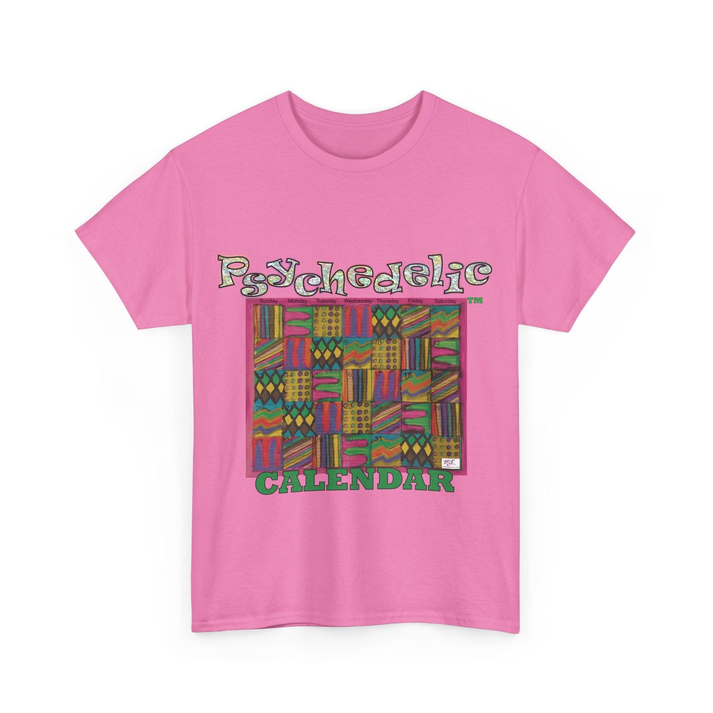 Unisex Heavy Cotton Tee - Psychedelic Calendar tm -Garden tm - MiE Designs Shop miedesignsshop.com Warmest patterned mosaic calendar. Flaat azalea pink T-shirt, sizes S-XL.