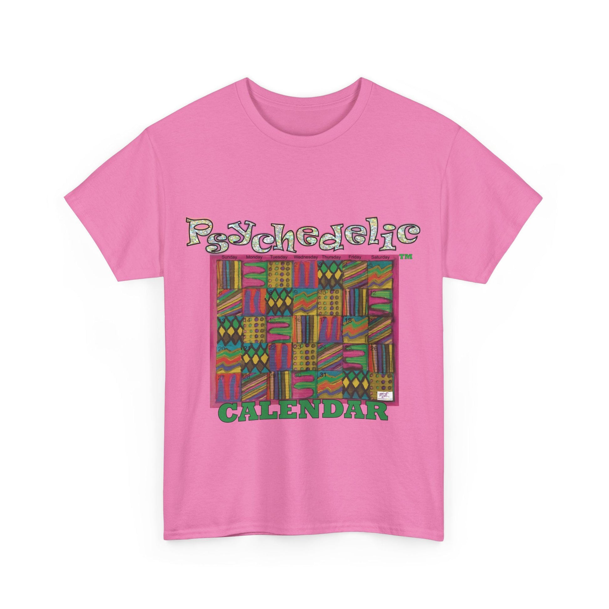 Unisex Heavy Cotton Tee - Psychedelic Calendar tm -Garden tm - MiE Designs Shop miedesignsshop.com Warmest patterned mosaic calendar. Flaat azalea pink T-shirt, sizes S-XL.
