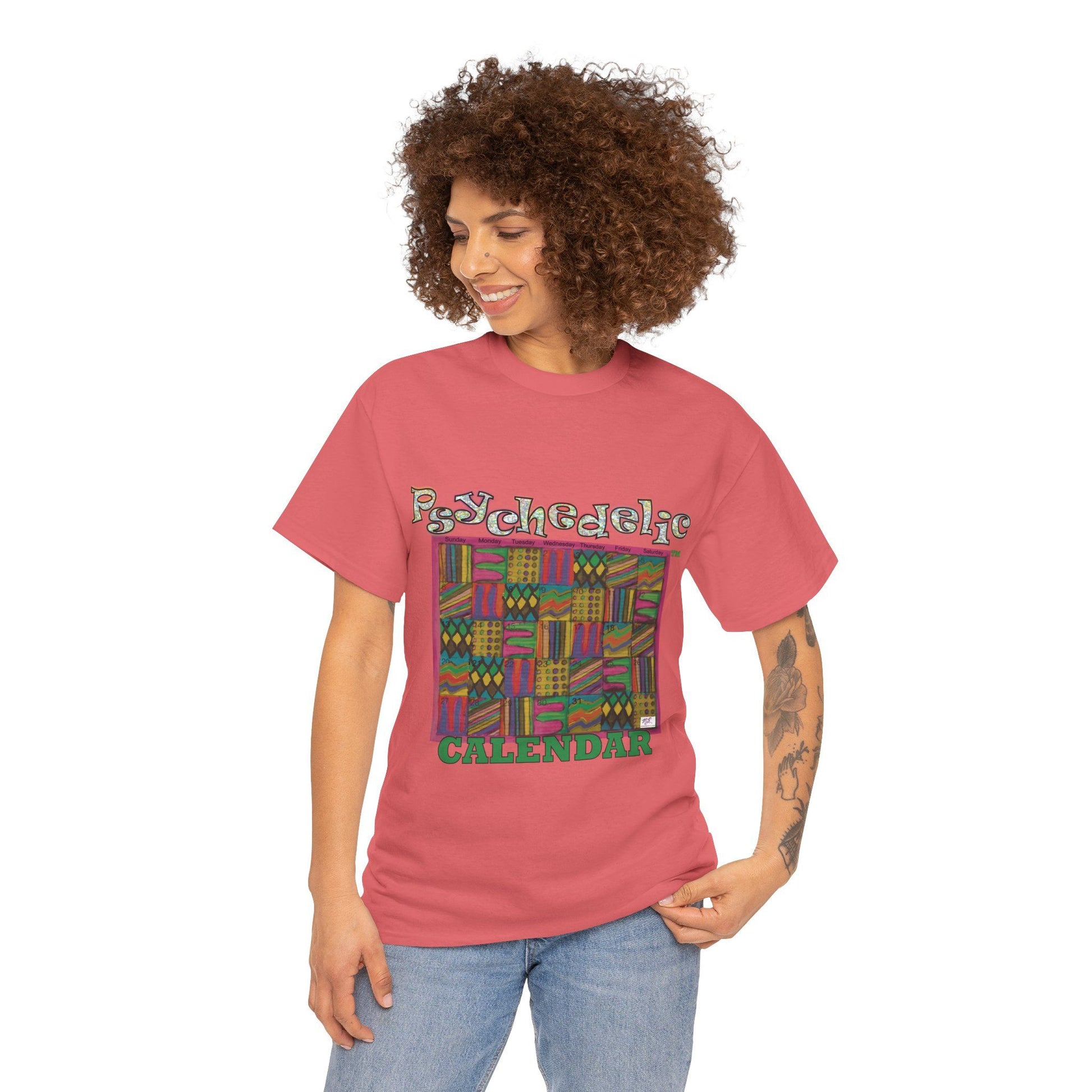 Unisex Heavy Cotton Tee - Psychedelic Calendar tm -Garden tm - MiE Designs Shop miedesignsshop.com Warmest patterned mosaic calendar. Model wears design on "coral silk" T-shirt.