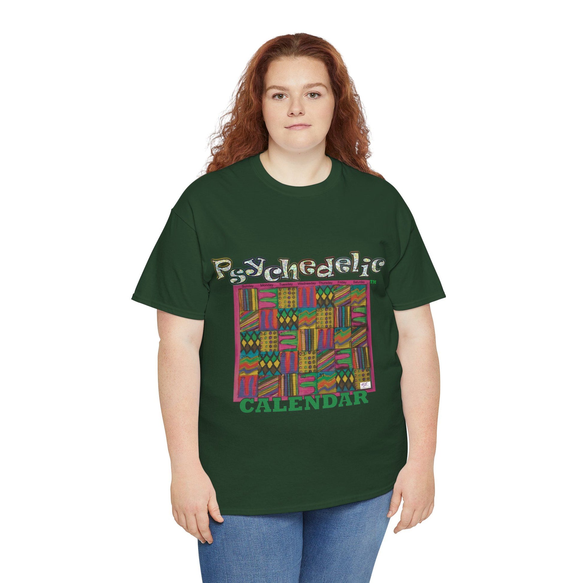 Unisex Heavy Cotton Tee - Psychedelic Calendar tm -Garden tm - MiE Designs Shop miedesignsshop.com Warmest patterned mosaic calendar. Model wears design on forest green T-shirt.