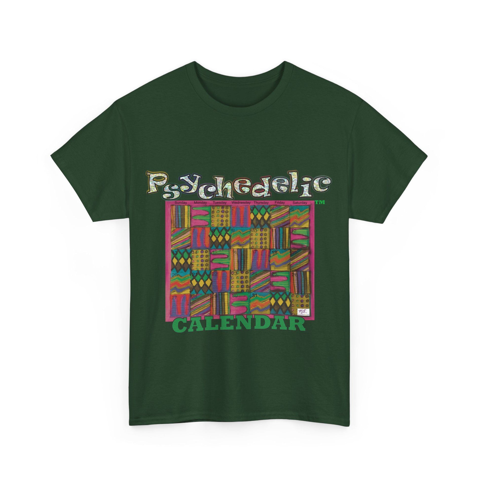 Unisex Heavy Cotton Tee - Psychedelic Calendar tm -Garden tm - MiE Designs Shop miedesignsshop.com Warmest patterned mosaic calendar. Flat forest green T-shirt, sizes S-XL