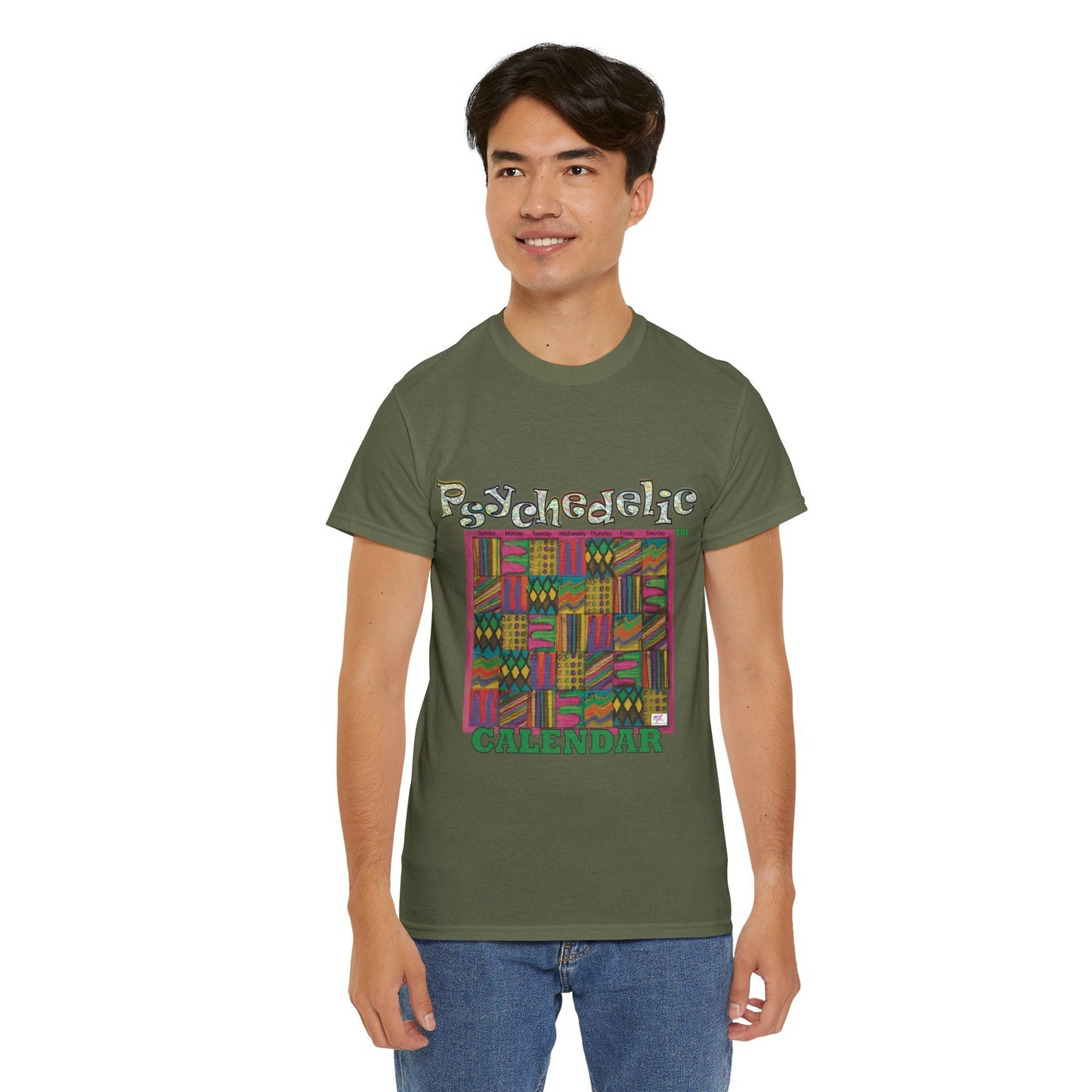Unisex Heavy Cotton Tee - Psychedelic Calendar tm -Garden tm - MiE Designs Shop miedesignsshop.com Warmest patterned mosaic calendar. Model wears design on military green T-shirt.