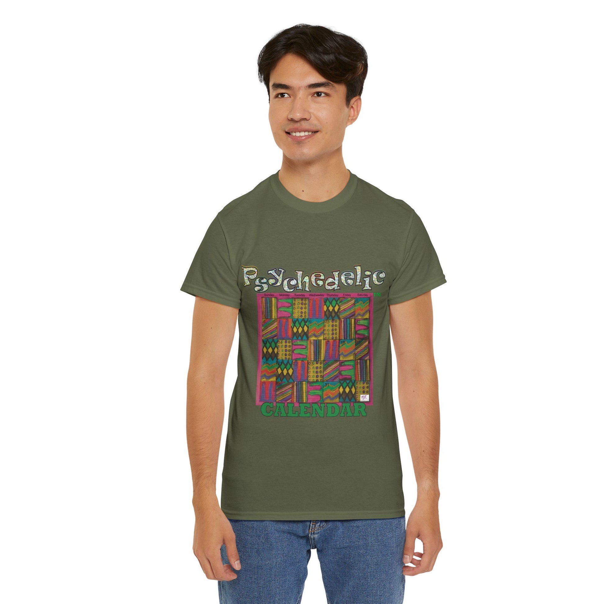 Unisex Heavy Cotton Tee - Psychedelic Calendar tm -Garden tm - MiE Designs Shop miedesignsshop.com Warmest patterned mosaic calendar. Model wears design on military green T-shirt.
