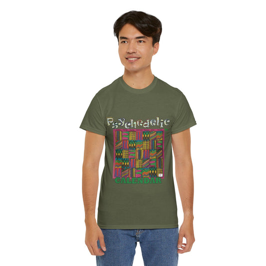 Unisex Heavy Cotton Tee - Psychedelic Calendar tm -Garden tm - MiE Designs Shop miedesignsshop.com Warmest patterned mosaic calendar. Model wears design on military green T-shirt.