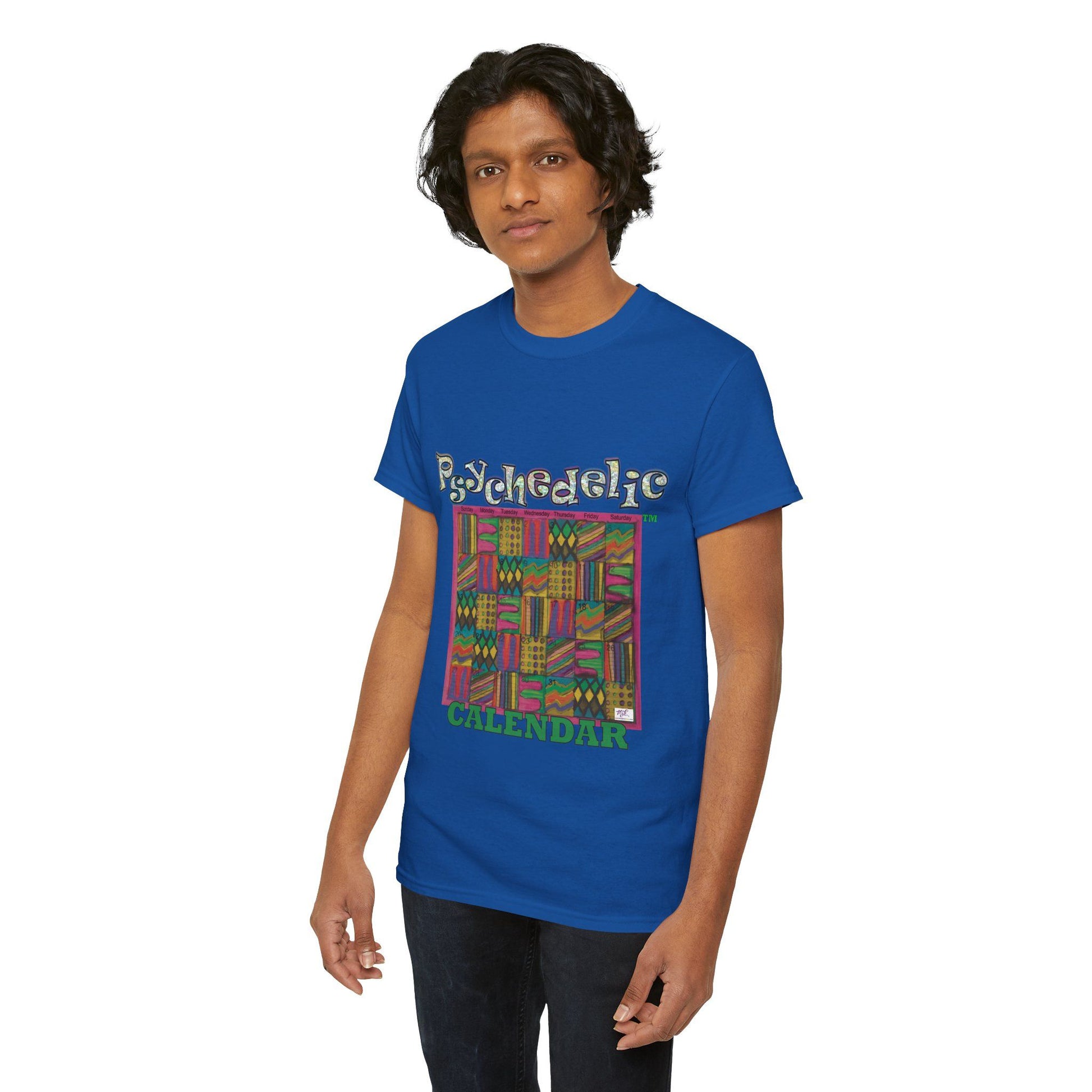 Unisex Heavy Cotton Tee - Psychedelic Calendar tm -Garden tm - MiE Designs Shop miedesignsshop.com Warmest patterned mosaic calendar. Model wears design on royal blue T-shirt.