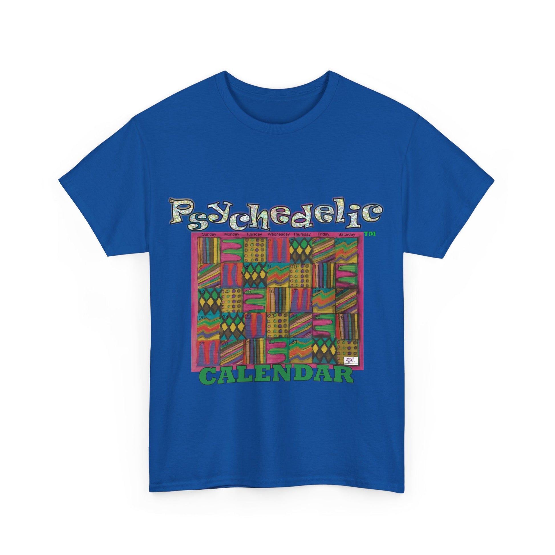 Unisex Heavy Cotton Tee - Psychedelic Calendar tm -Garden tm - MiE Designs Shop miedesignsshop.com Warmest patterned mosaic calendar. Flat royal blue T-shirt, sizes S-XL