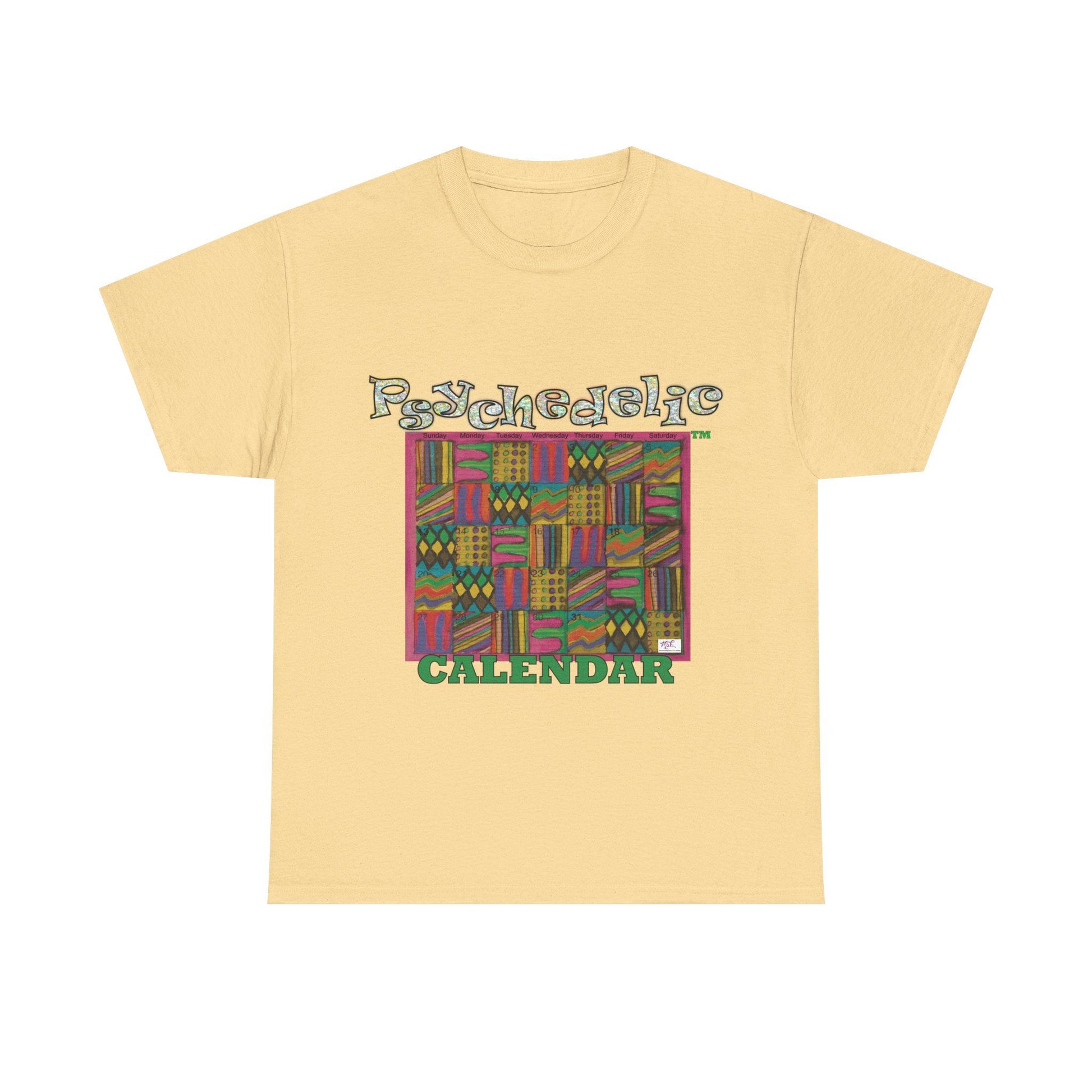 Unisex Heavy Cotton Tee - Psychedelic Calendar tm -Garden tm - MiE Designs Shop miedesignsshop.com Warmest patterned mosaic calendar. Model wears design on "yellow haze" T-Shirt, sizes 2XL-5XL