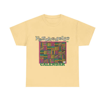Unisex Heavy Cotton Tee - Psychedelic Calendar tm -Garden tm - MiE Designs Shop miedesignsshop.com Warmest patterned mosaic calendar. Model wears design on "yellow haze" T-Shirt, sizes 2XL-5XL