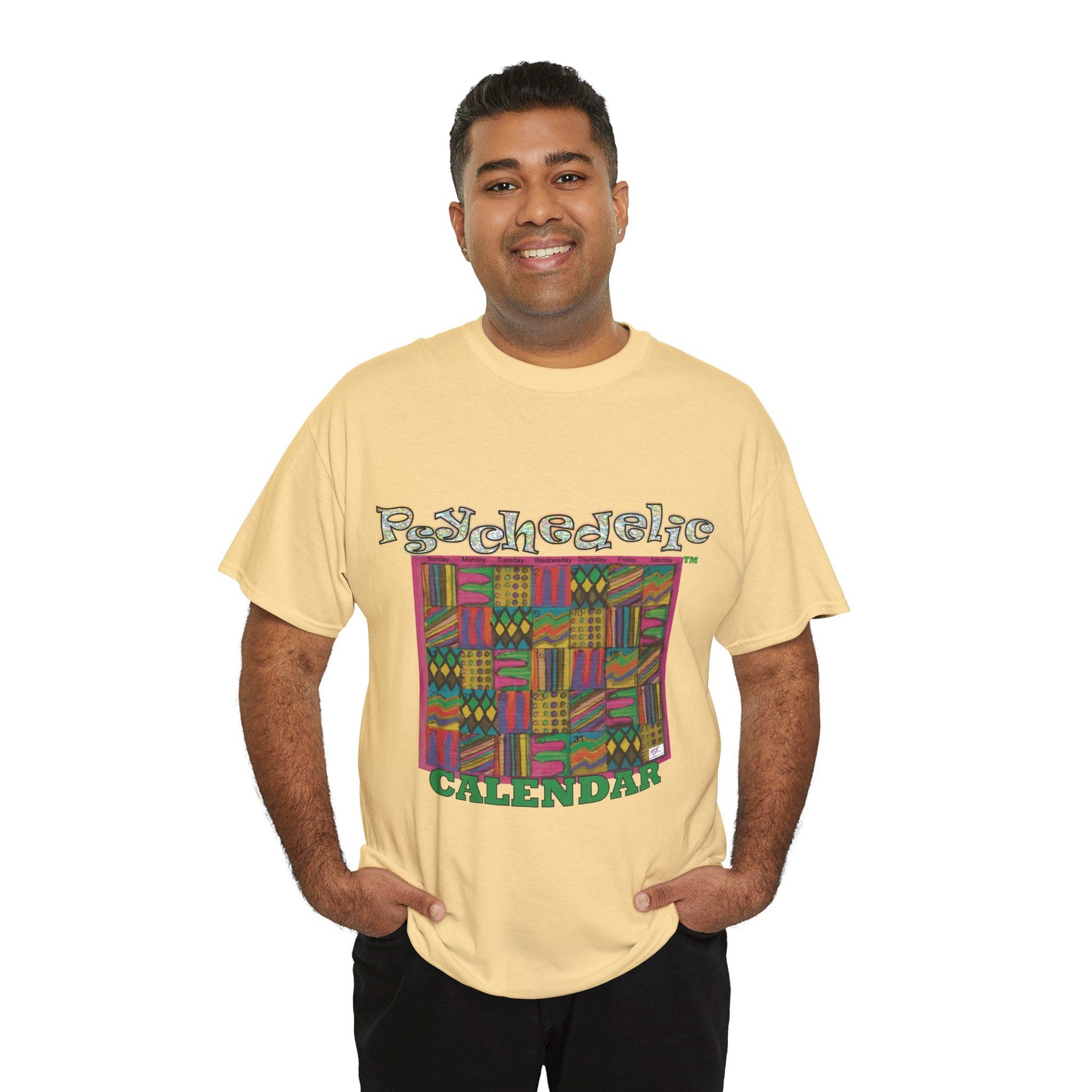 Unisex Heavy Cotton Tee - Psychedelic Calendar tm -Garden tm - MiE Designs Shop miedesignsshop.com Warmest patterned mosaic calendar. Model wears design on yellow haze T-shirt.