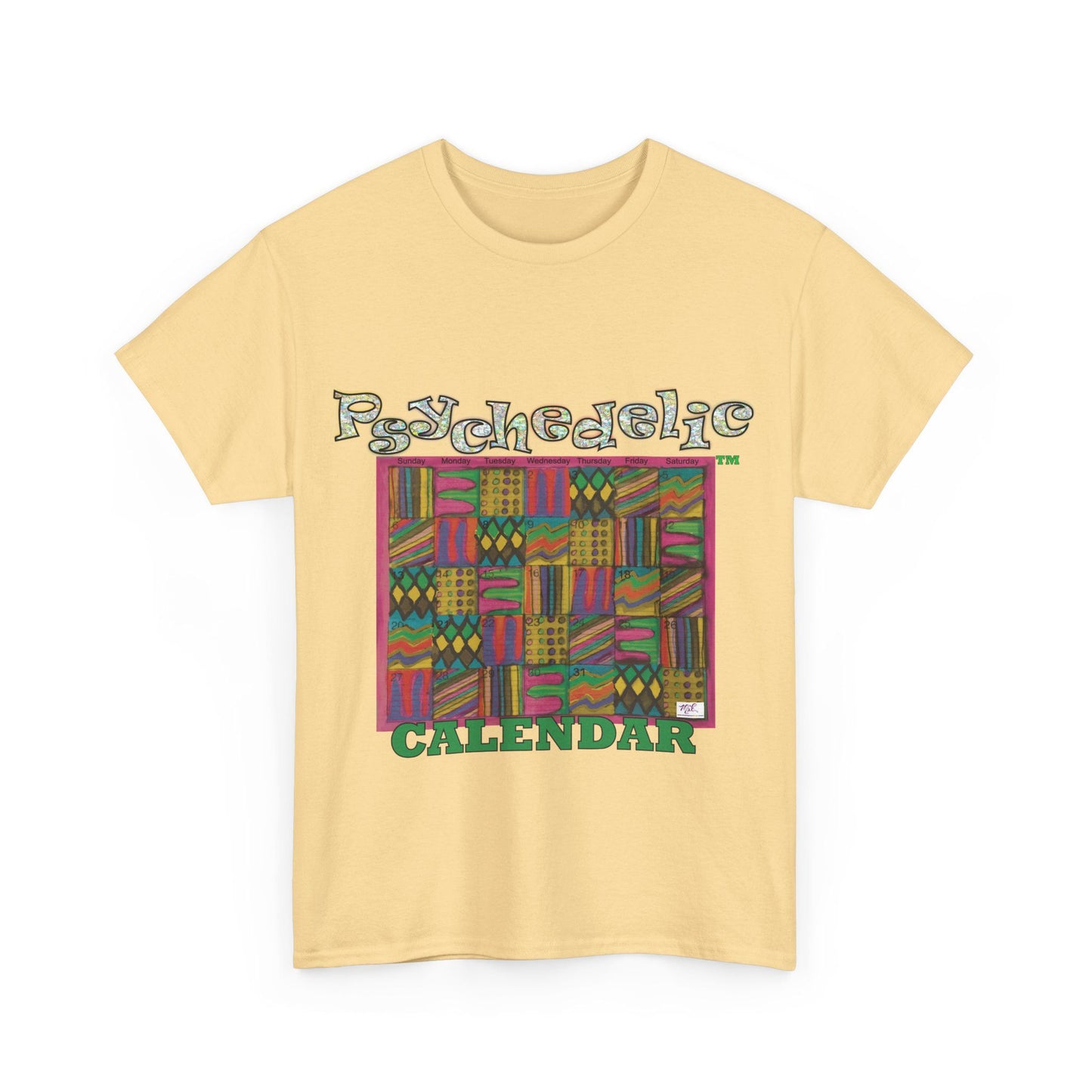 Unisex Heavy Cotton Tee - Psychedelic Calendar tm -Garden tm - MiE Designs Shop miedesignsshop.com Warmest patterned mosaic calendar. Model wears design on "yellow haze" T-Shirt, sizes S-XL