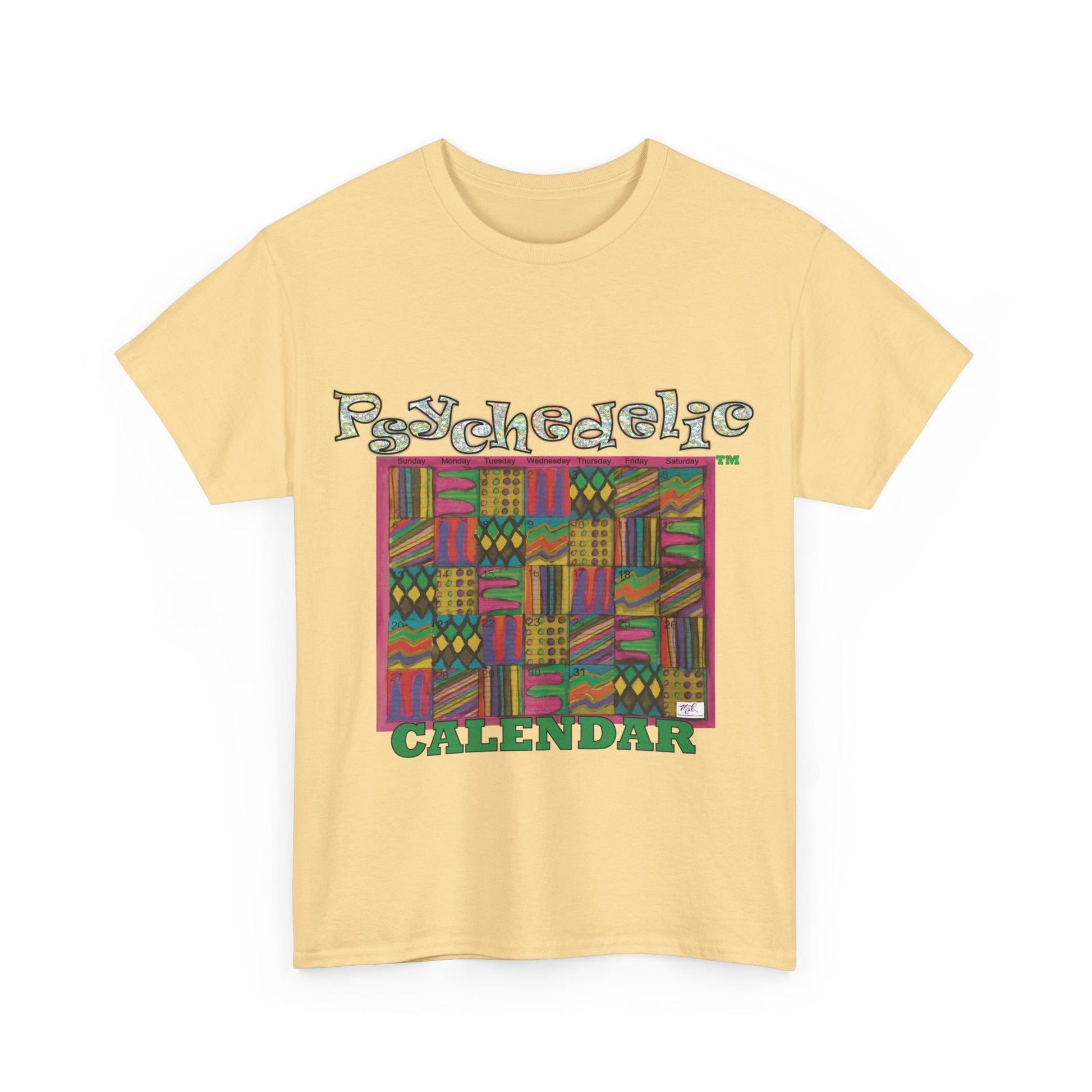 Unisex Heavy Cotton Tee - Psychedelic Calendar tm -Garden tm - MiE Designs Shop miedesignsshop.com Warmest patterned mosaic calendar. Model wears design on "yellow haze" T-Shirt, sizes S-XL