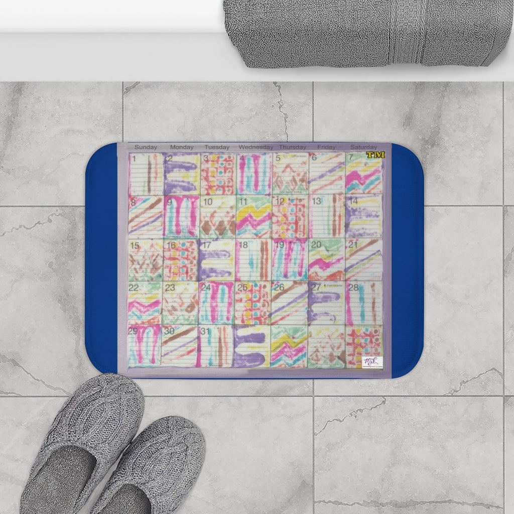 Bath Rug 24x17: "Psychedelic Calendar(tm)" - Seeped - MiE Designs Shop. Dark blue surrounds centered month w/varied patterns.