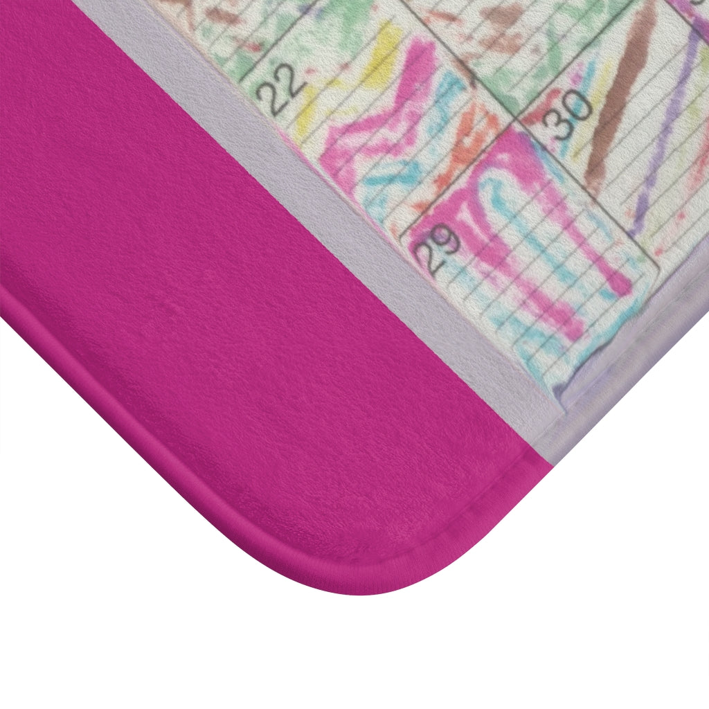 Bath Rug 34x21: "Psychedelic Calendar(tm)" - Seeped - MiE Designs Shop. Dark Pink, centered month w/varied patterns. Corner