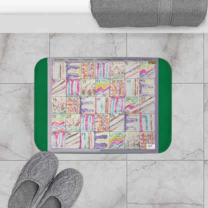 Bath Rug 24x17: "Psychedelic Calendar(tm)" - Seeped - MiE Designs Shop. Dark green surrounds centered month w/varied patterns.