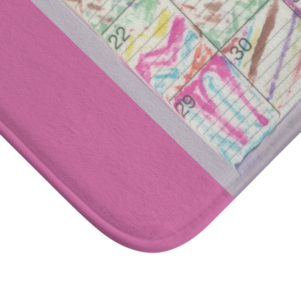 Bath Rug 34x21: "Psychedelic Calendar(tm)" - Seeped - MiE Designs Shop. Pink surrounds centered month w/varied patterns. Corner