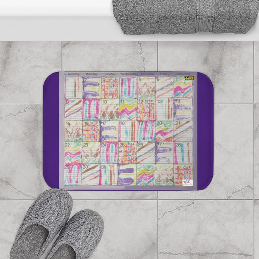 Bath Rug 24x17: "Psychedelic Calendar(tm)" - Seeped - MiE Designs Shop. Purple surrounds centered month w/varied patterns.