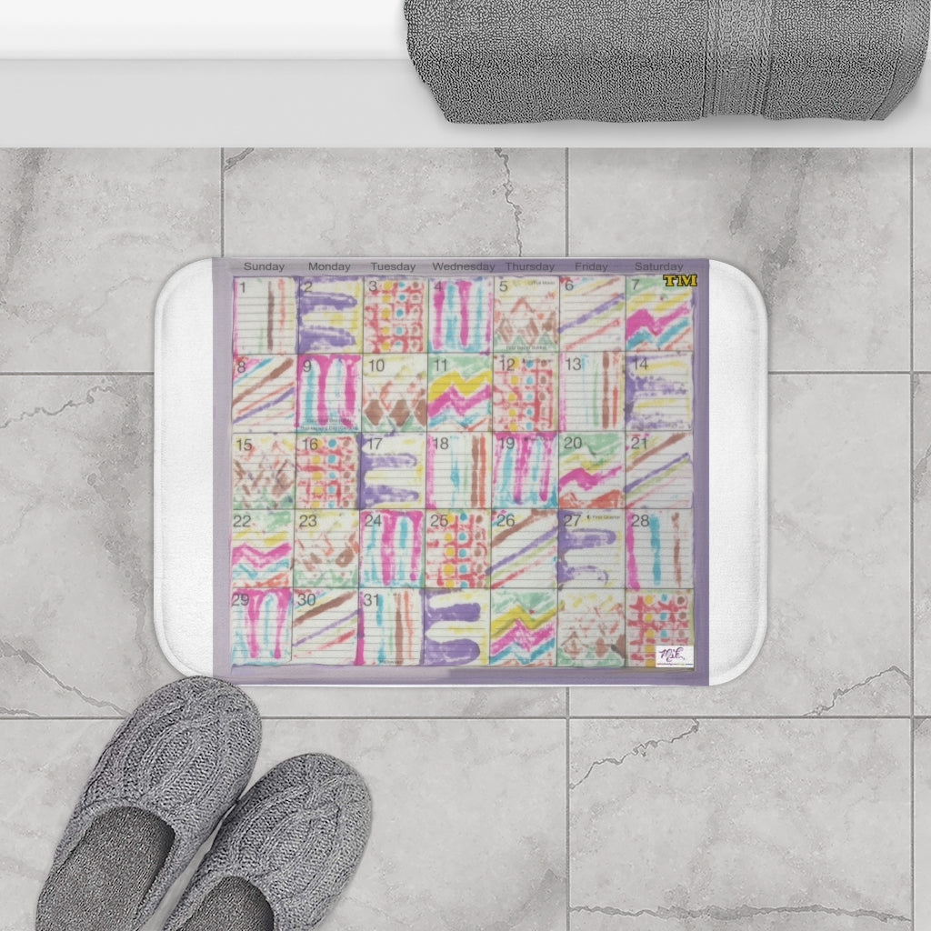 Bath Rug 24x17: "Psychedelic Calendar(tm)" - Seeped - MiE Designs Shop. White surrounds centered month w/varied patterns.