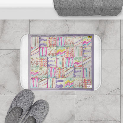 Bath Rug 24x17: "Psychedelic Calendar(tm)" - Seeped - MiE Designs Shop. White surrounds centered month w/varied patterns.
