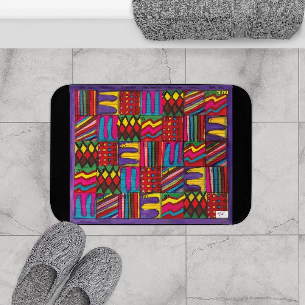 Bath Rug 24x17: "Psychedelic Calendar(tm)" - Vibrant - MiE Designs Shop. Black surrounds centered month w/varied patterns.