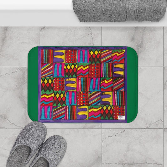 Bath Rug 24x17: "Psychedelic Calendar(tm)" - Vibrant - MiE Designs Shop. Dark green surrounds centered month w/varied patterns.