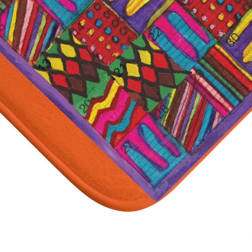 Bath Rug 24x17: "Psychedelic Calendar(tm)" - Vibrant - MiE Designs Shop. Orange @ centered month w/varied patterns. Corner
