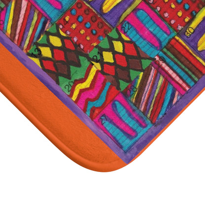 Bath Rug 24x17: "Psychedelic Calendar(tm)" - Vibrant - MiE Designs Shop. Orange @ centered month w/varied patterns. Corner
