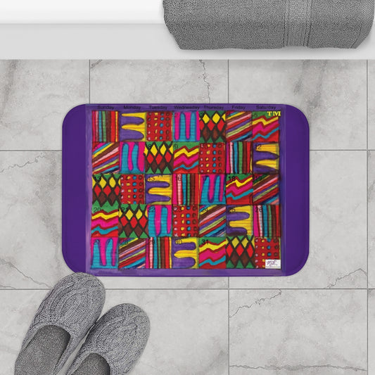 Bath Rug 24x17: "Psychedelic Calendar(tm)" - Vibrant - MiE Designs Shop. Purple surrounds centered month w/varied patterns.
