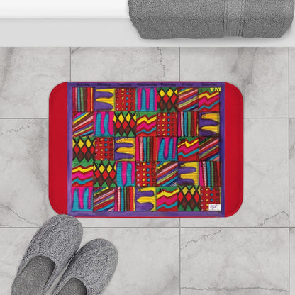 Bath Rug 24x17: "Psychedelic Calendar(tm)" - Vibrant - MiE Designs Shop. Red surrounds centered month w/varied patterns.