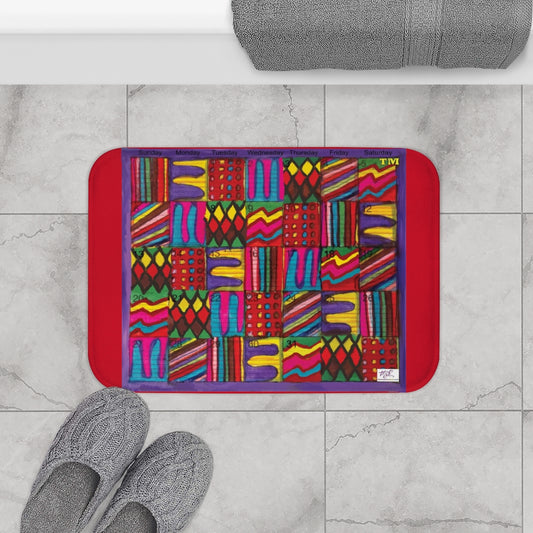 Bath Rug 24x17: "Psychedelic Calendar(tm)" - Vibrant - MiE Designs Shop. Red surrounds centered month w/varied patterns.