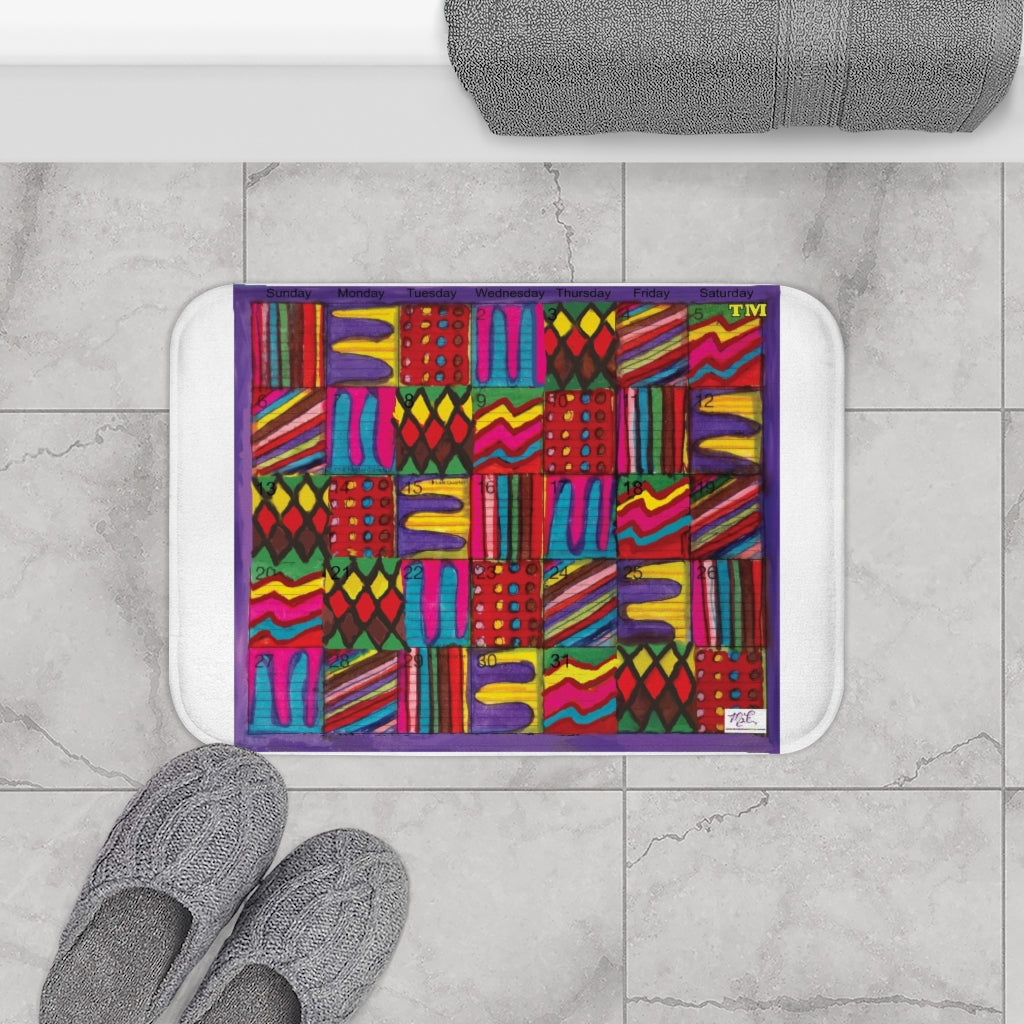 Bath Rug 24x17: "Psychedelic Calendar(tm)" - Vibrant - MiE Designs Shop. White surrounds centered month w/varied patterns.