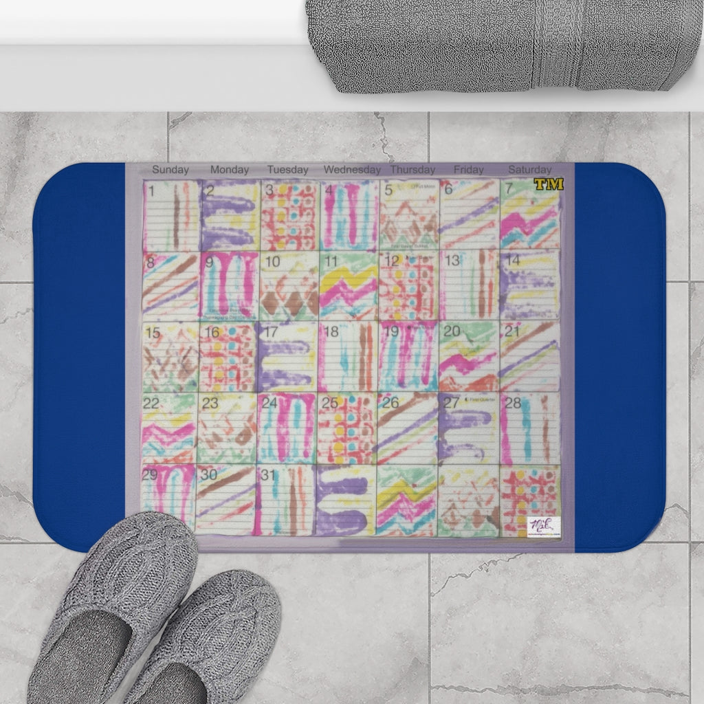 Bath Rug 34x21: "Psychedelic Calendar(tm)" - Seeped - MiE Designs Shop. Dark blue surrounds centered month with psychedelics. 