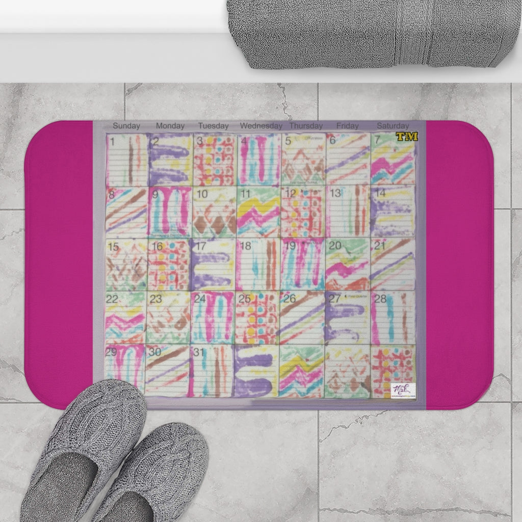 Bath Rug 34x21: "Psychedelic Calendar(tm)" - Seeped - MiE Designs Shop. Dark Pink surrounds centered month w/varied patterns.