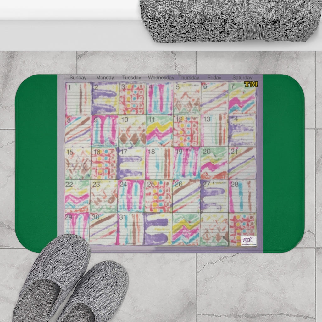 Bath Rug 34x21: "Psychedelic Calendar(tm)" - Seeped - MiE Designs Shop. Dark green surrounds centered month w/varied patterns.