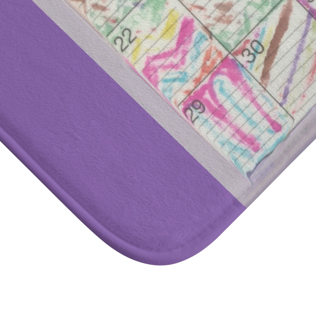 Bath Rug 34x21: "Psychedelic Calendar(tm)" - Seeped - MiE Designs Shop. Lavendar around centered month of patterns. Corner.