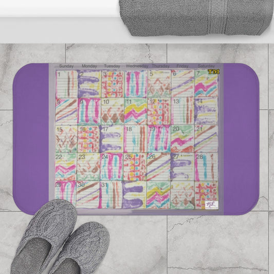 Bath Rug 34x21: "Psychedelic Calendar(tm)" - Seeped - MiE Designs Shop. Lavendar surrounds centered month w/varied patterns.
