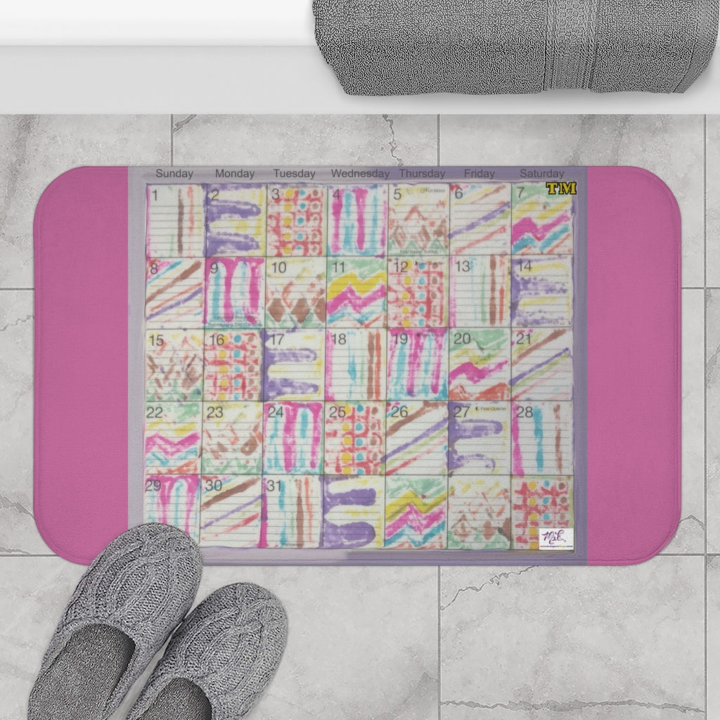 Bath Rug 34x21: "Psychedelic Calendar(tm)" - Seeped - MiE Designs Shop. Pink surrounds centered month w/varied patterns.